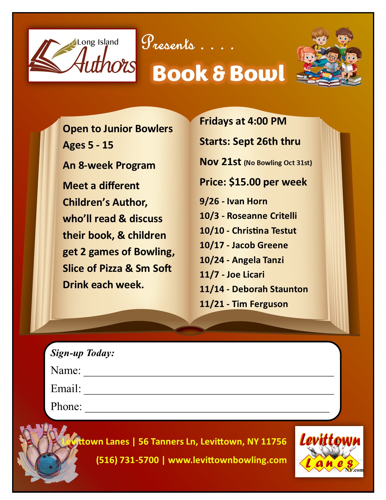 Our NEW Junior League, Book & Bowl, starts Sept 26th, at 4:00PM - 8 Week Program
