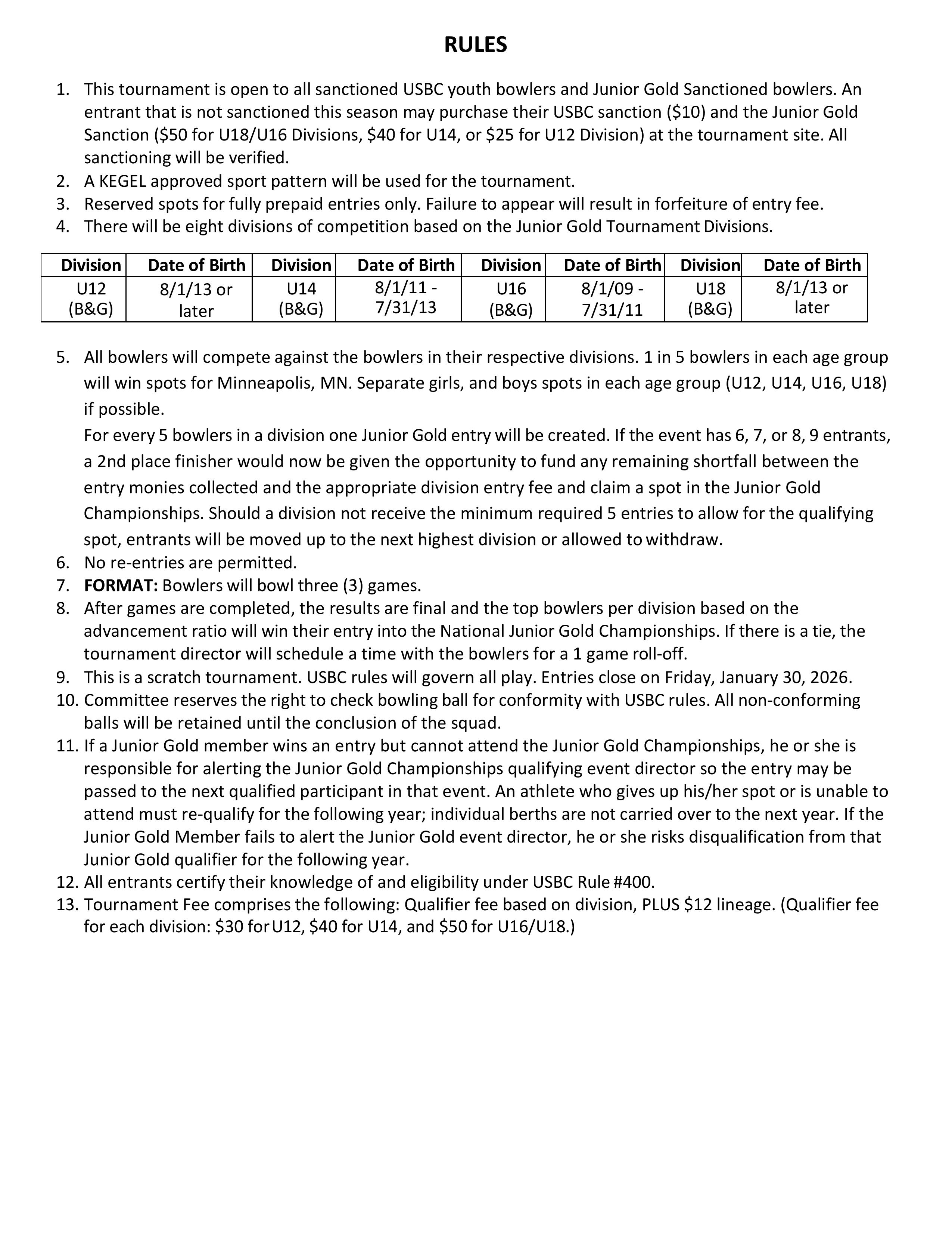 Junior Gold Qualifier Rules