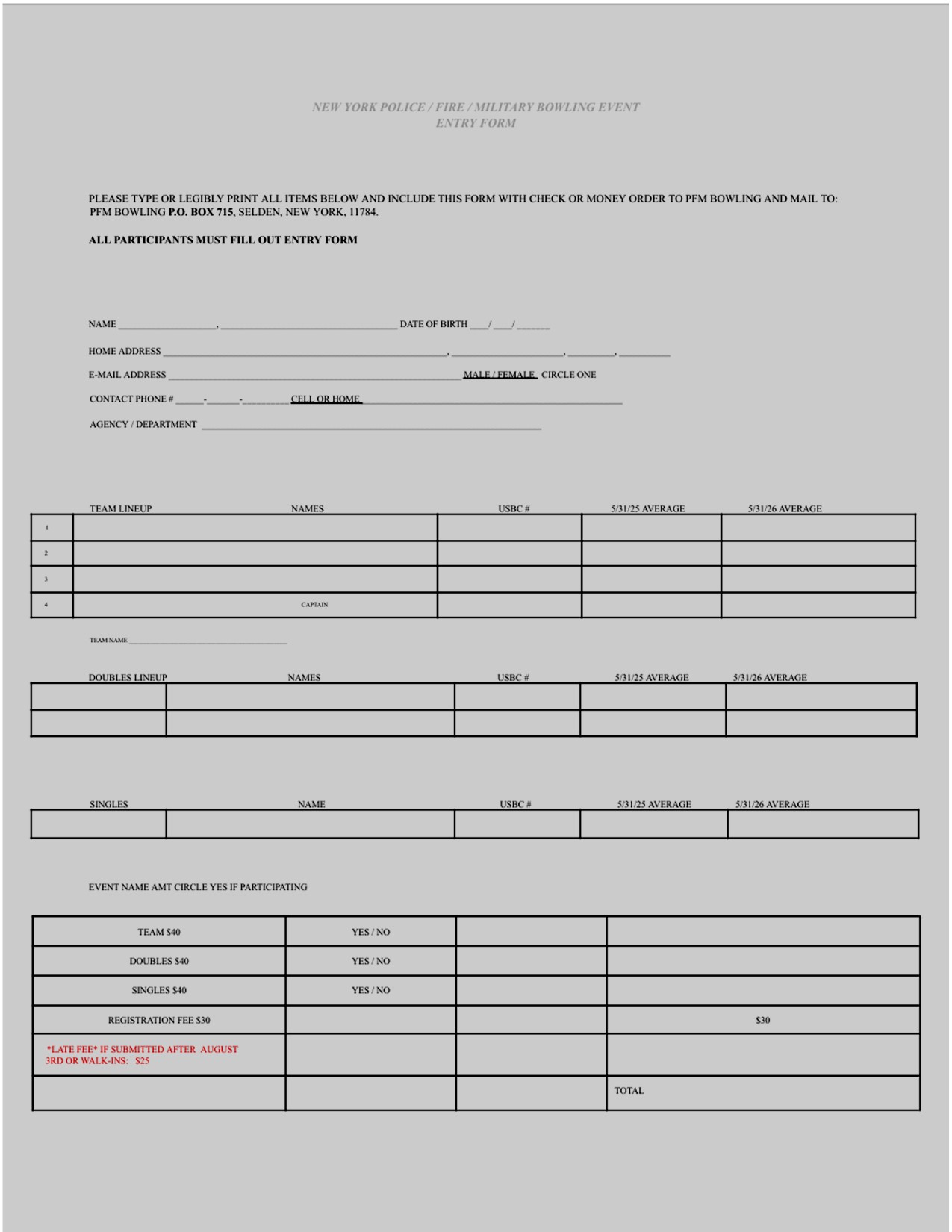 PFMBowling Event Entry Form