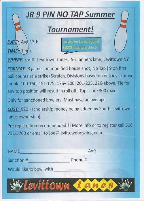 Summer Junior 9-Pin No-Tap Tournament, Aug 17th, 1PM