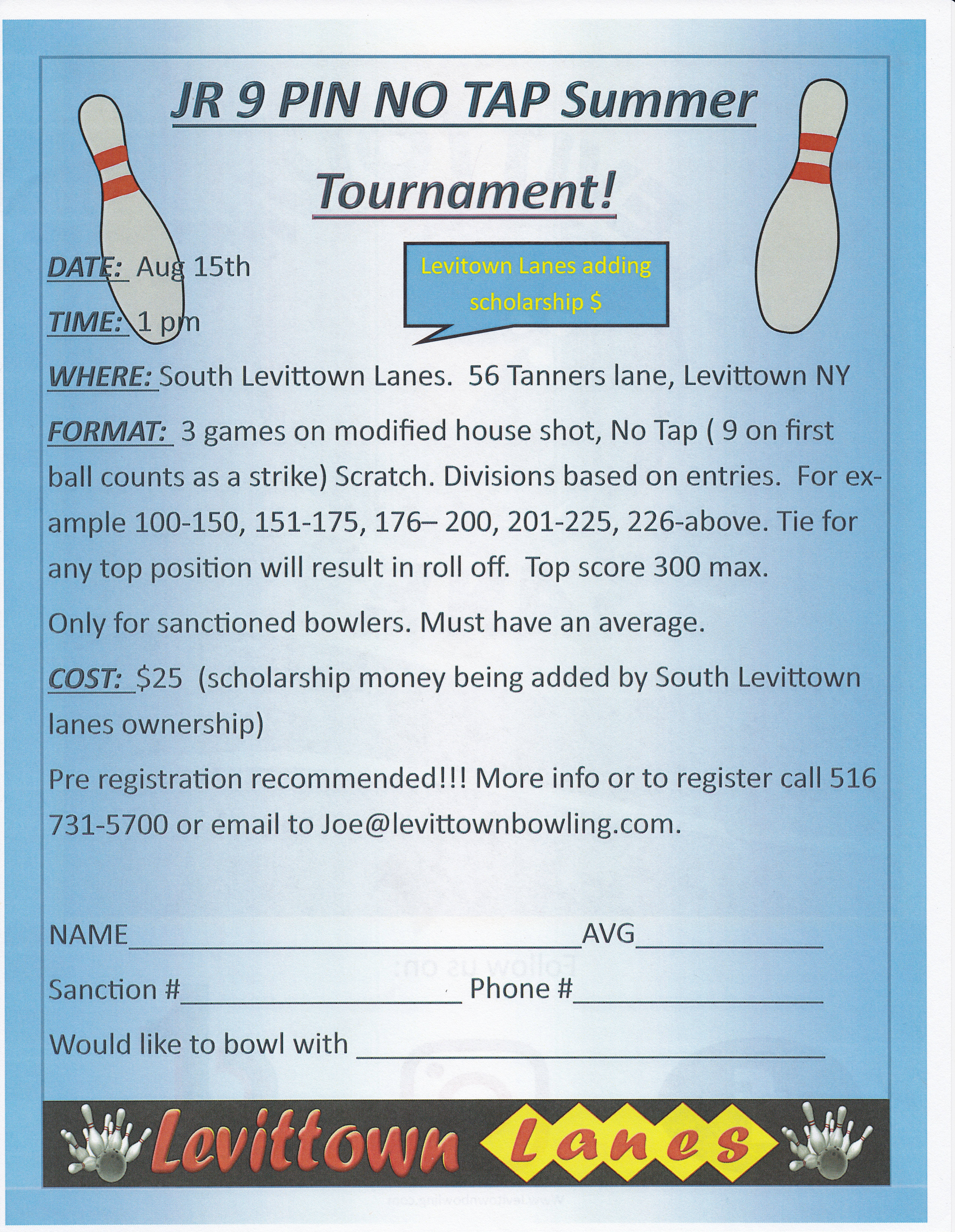 Summer Junior 9-Pin No-Tap Tournament, Aug 15th, 1PM