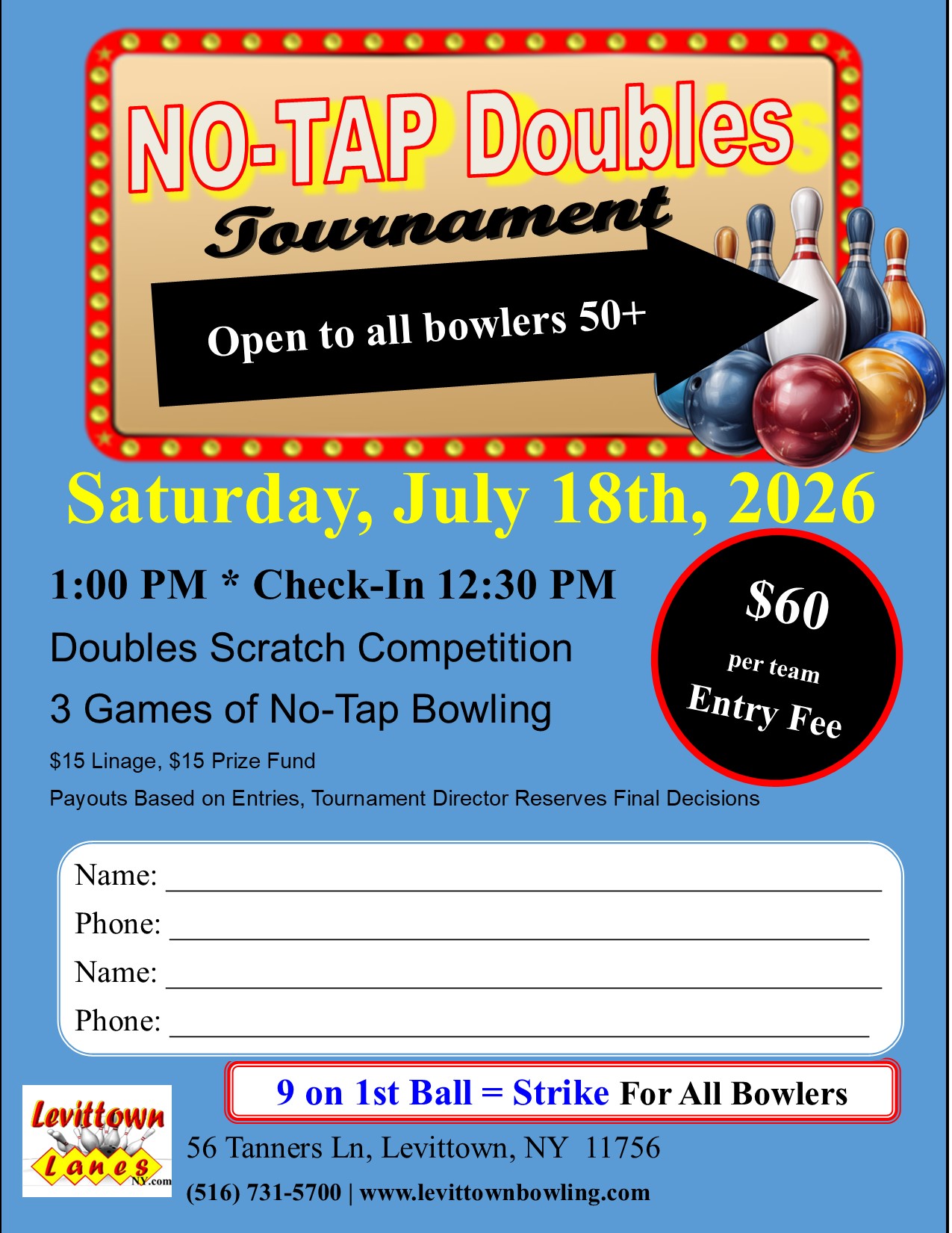 No-Tap Doubles Tournament - Open to All Bowlers 50+ - July 18th, 2026, 1 PM