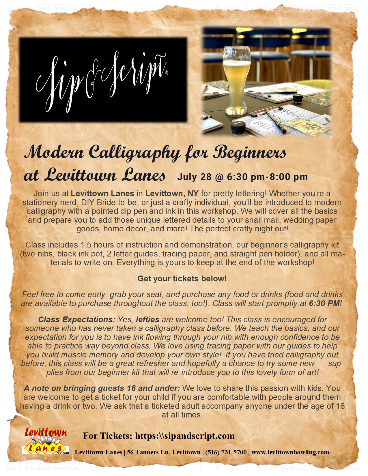 Modern Calligraphy for Beginners at Levittown Lanes - July 28, 6:30 pm to 8:00 pm