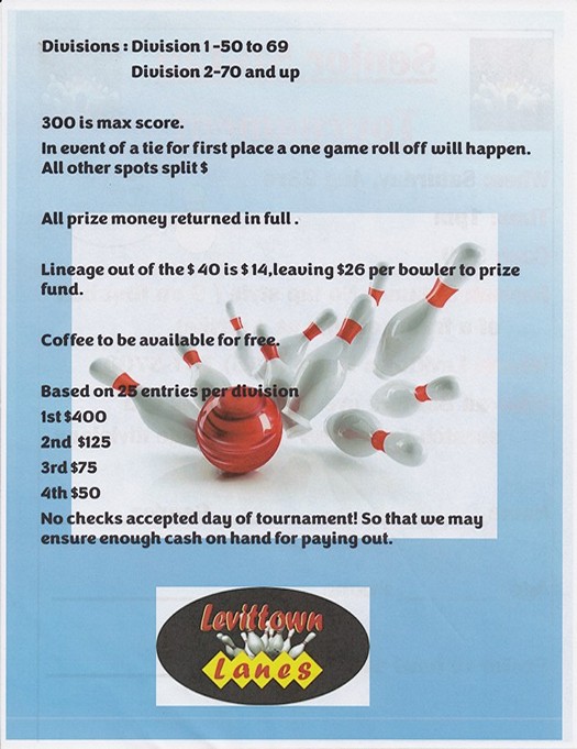 Levittown Lanes senior No-Tap Tournament, Aug 23rd, 1PM