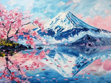 Join us for a Paint Nite Event, Apr 11th, at 7:00PM - Mt.Fuji Japan Cherry Blossom - Wanderlust Coleection